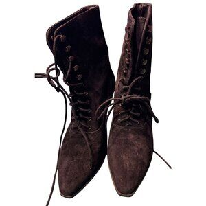 Victorian Witchy Black Suede Lace-Up Ankle Boots Kitten Heels